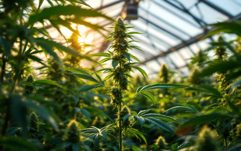 une-plante-de-cannabis-dans-une-serre-entouree-de-feuilles-vertes-luxuriantes-baignee-par-une-lumiere-naturelle-eclatante-et-des-rayons-de-soleil-chaleureux-penetrant-a-travers-le-verre-trans