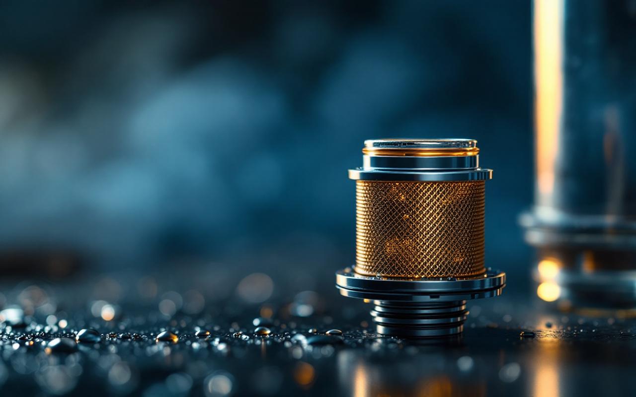 Gros plan macro d'une résistance mesh et d'un clearomiseur sub-ohm en métal et verre, maille de la coil bien visible, gouttelettes d'e-liquide sur le verre, reflets réalistes, éclairage chaud doré en lisière et contre-jour bleu volumétrique, arrière-plan sombre et flou.