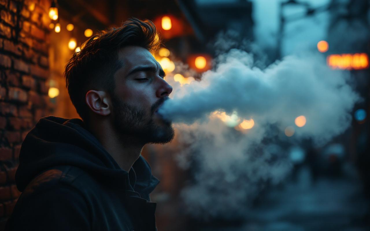 Personne vapotant dans une rue urbaine au crépuscule, exhalant un épais nuage de vapeur illuminé par une lueur ambre chaude et des tons bleu froid, lumière volumétrique douce, arrière-plan légèrement flou.