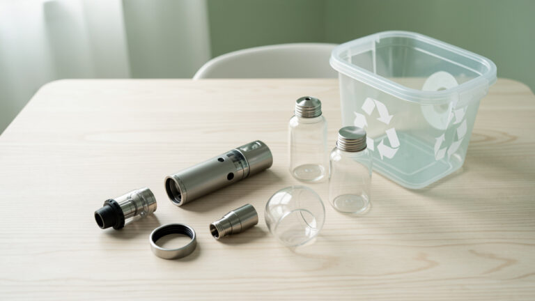 Cigarette électronique démontée, flacons vides et bac de recyclage soigneusement disposés sur une table claire.