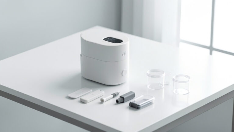Dispositif électronique de vapotage sobre et accessoires de maintenance soigneusement rangés sur une table claire et lumineuse.