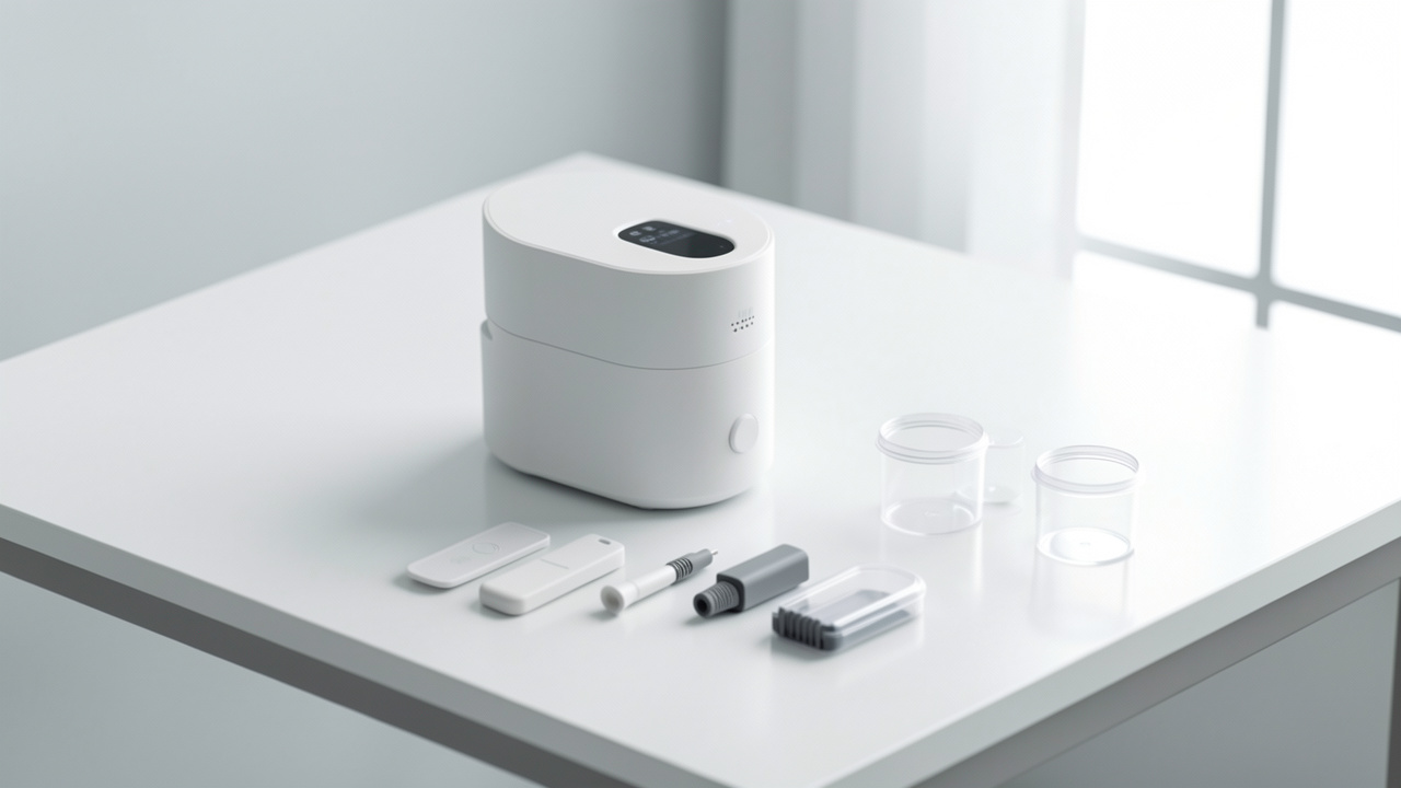 Dispositif électronique de vapotage sobre et accessoires de maintenance soigneusement rangés sur une table claire et lumineuse.