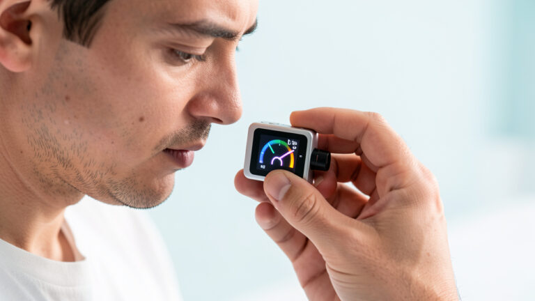 Un homme adulte examine et règle avec précaution un dispositif électronique compact à faible puissance dans une ambiance claire et pédagogique.