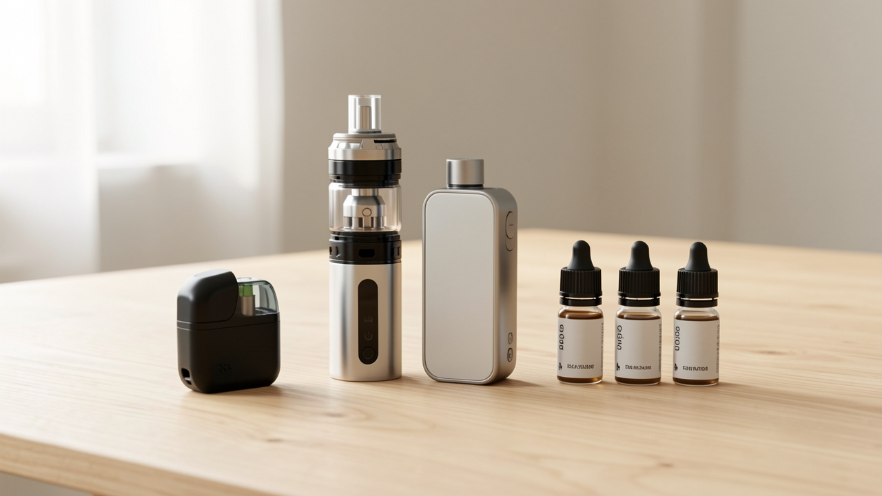 Comparatif visuel de cigarettes électroniques avec un pod compact, un kit doté d’un clearomiseur et plusieurs flacons d’e-liquide disposés sur une table claire.