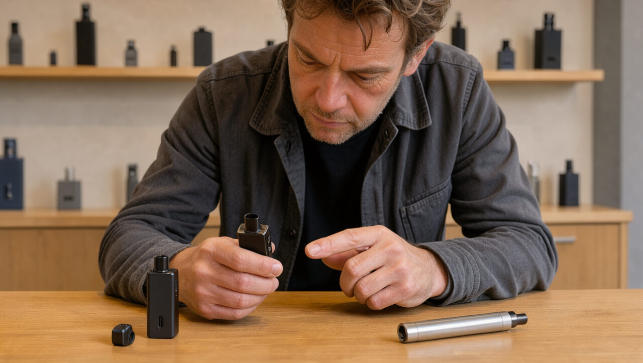 Un homme adulte compare un pod rechargeable et un kit tubulaire non marqués sur le comptoir d’une boutique spécialisée, dans une ambiance sobre.
