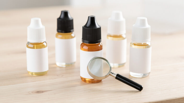 Plusieurs flacons d’e-liquide aux étiquettes vierges sont disposés sur une table claire, avec une loupe posée sur l’un des flacons.